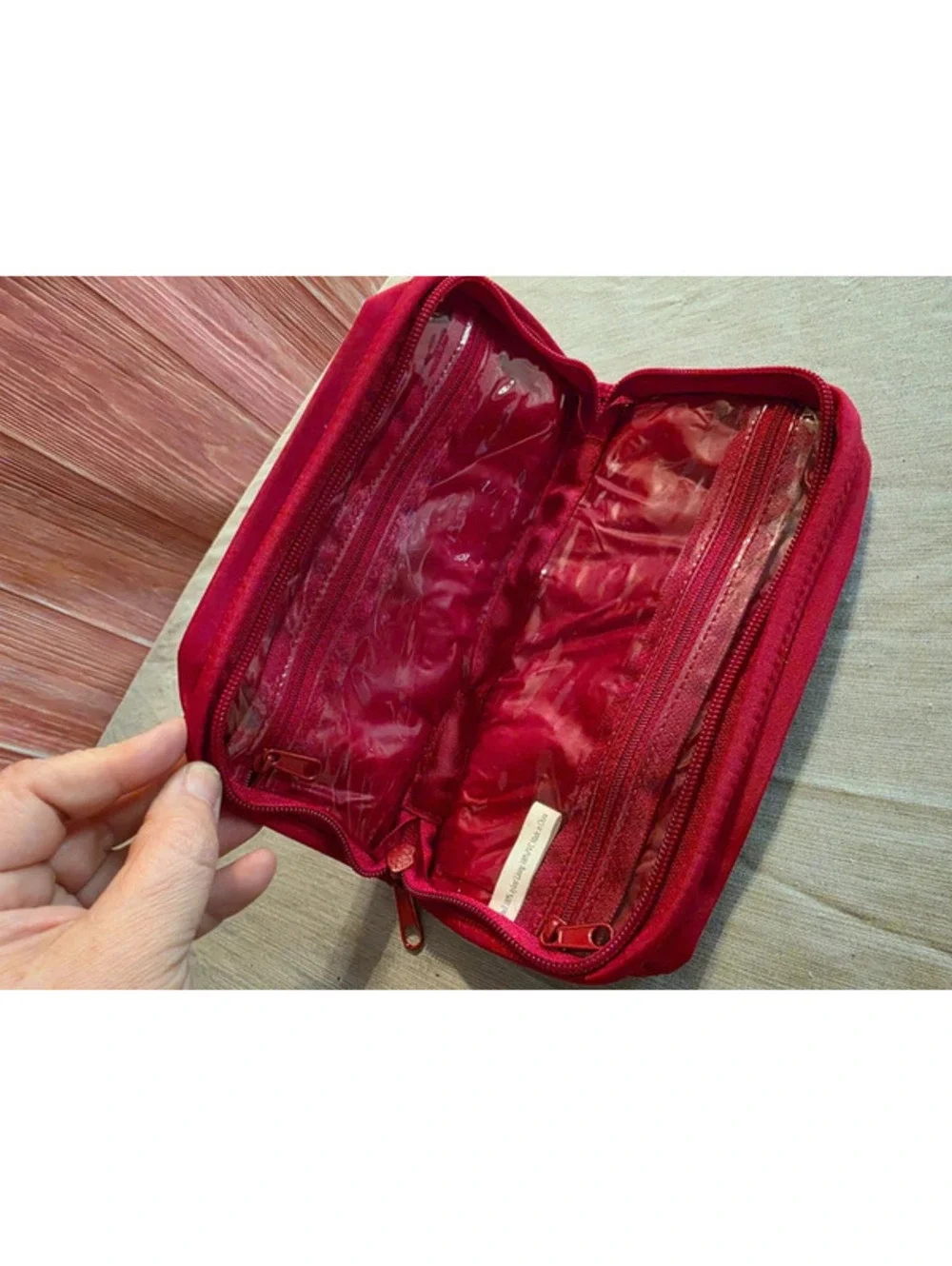 Red Nylon Cosmetic Travel Pouch w/ Silver Heart & Clear Zip Pockets